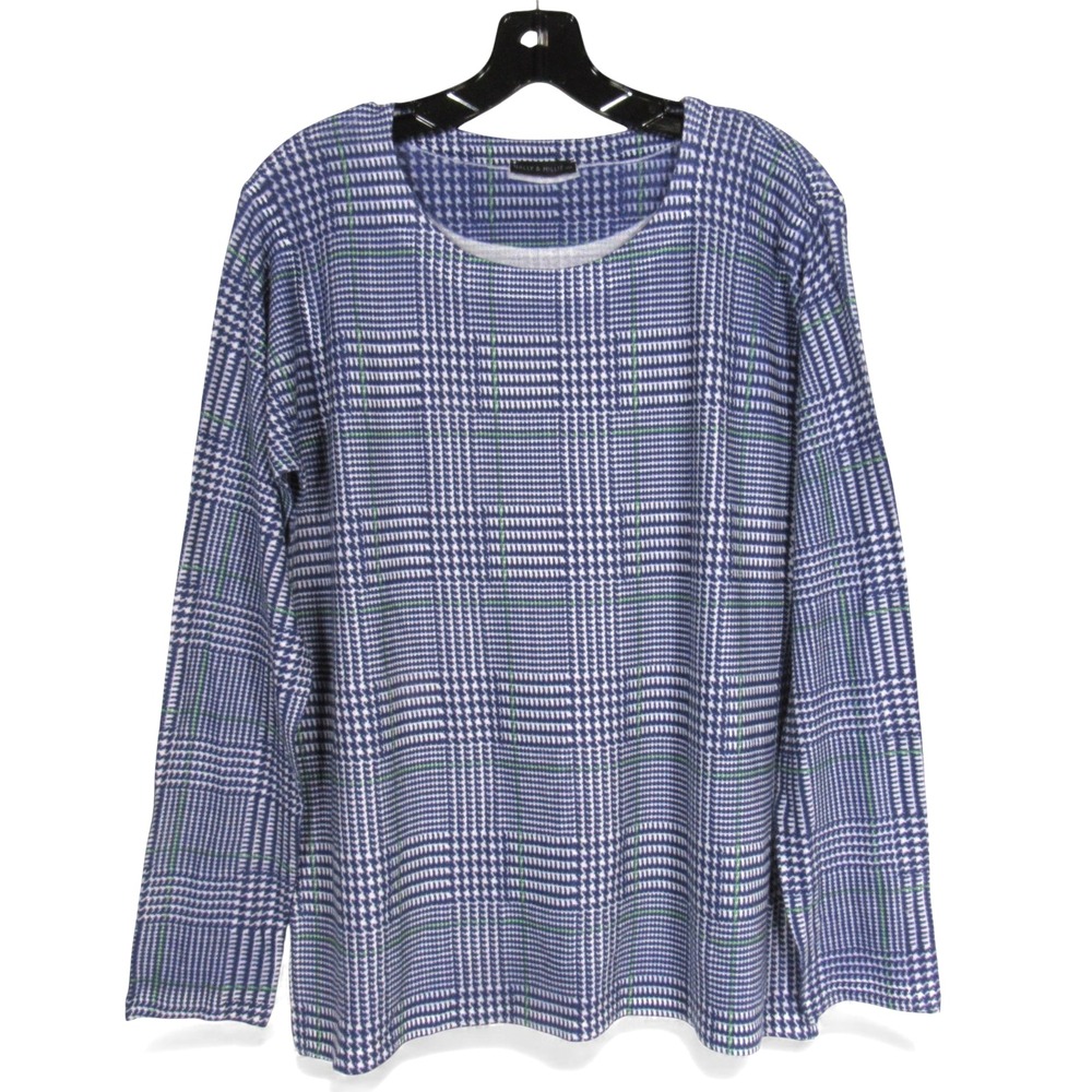 NALLY & MILLIE Blue/White HOUNDSTOOTH Round Neck LIGHTWEIGHT KNIT SWEATER Sz M
